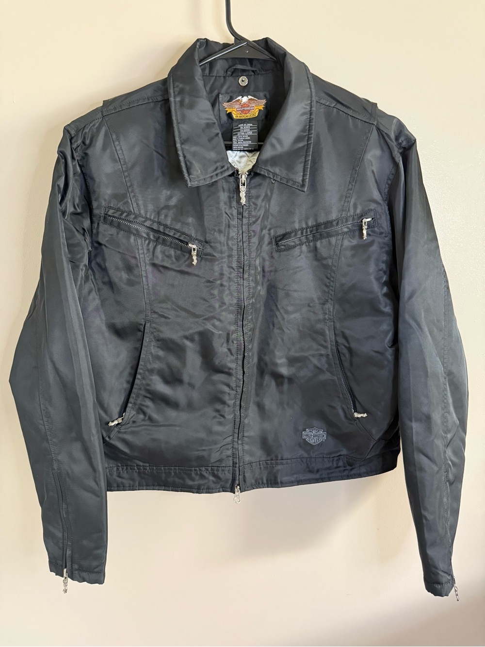 Vtg Harley-Davidson Black Nylon Motorcycle Jacket Embroidered Back Women's XL